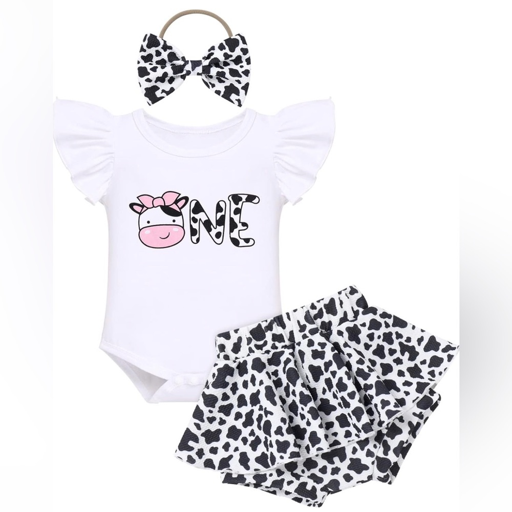 Baby Girls 1st Birthday Outfit Cow Print Ruffled Shorts + Headband Cake Smash